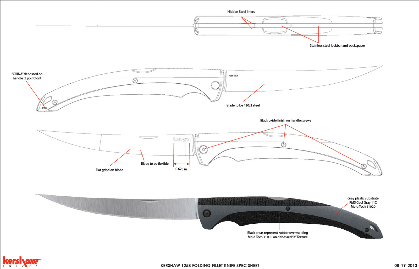 Kershaw Folding Fishing Fillet Knife 6.25 Blade With K-Texture 1258X