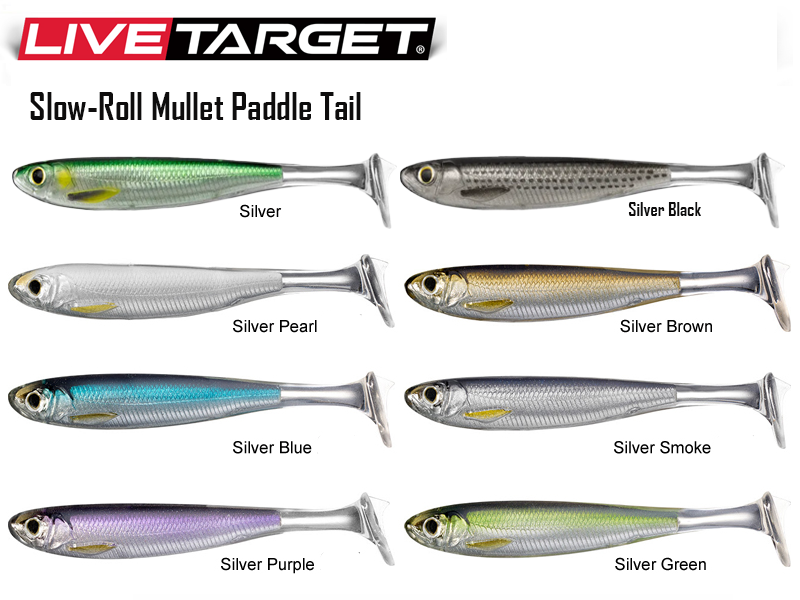 LIVETARGET Slow-Roll Shiner Paddletail Swimbait 5" - Silver Smoke (4-Pack) With Hooks