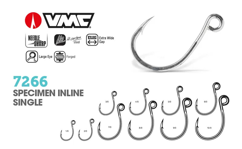 VMC 7266 Specimen Heavy Duty Inline Large Eye Single Lure Hook #2/0 7pk